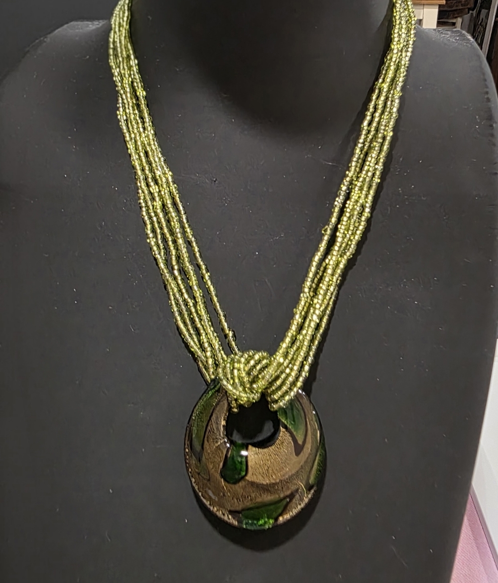 Lime Multi-strand Seed Bead Statement Necklace w/ Artistic Glass Donut Pendent